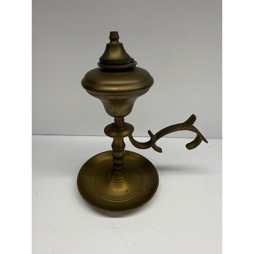 Vintage Solid Brass Whale Oil Lamp Finger Loop Saucer Base Made in Taiwan